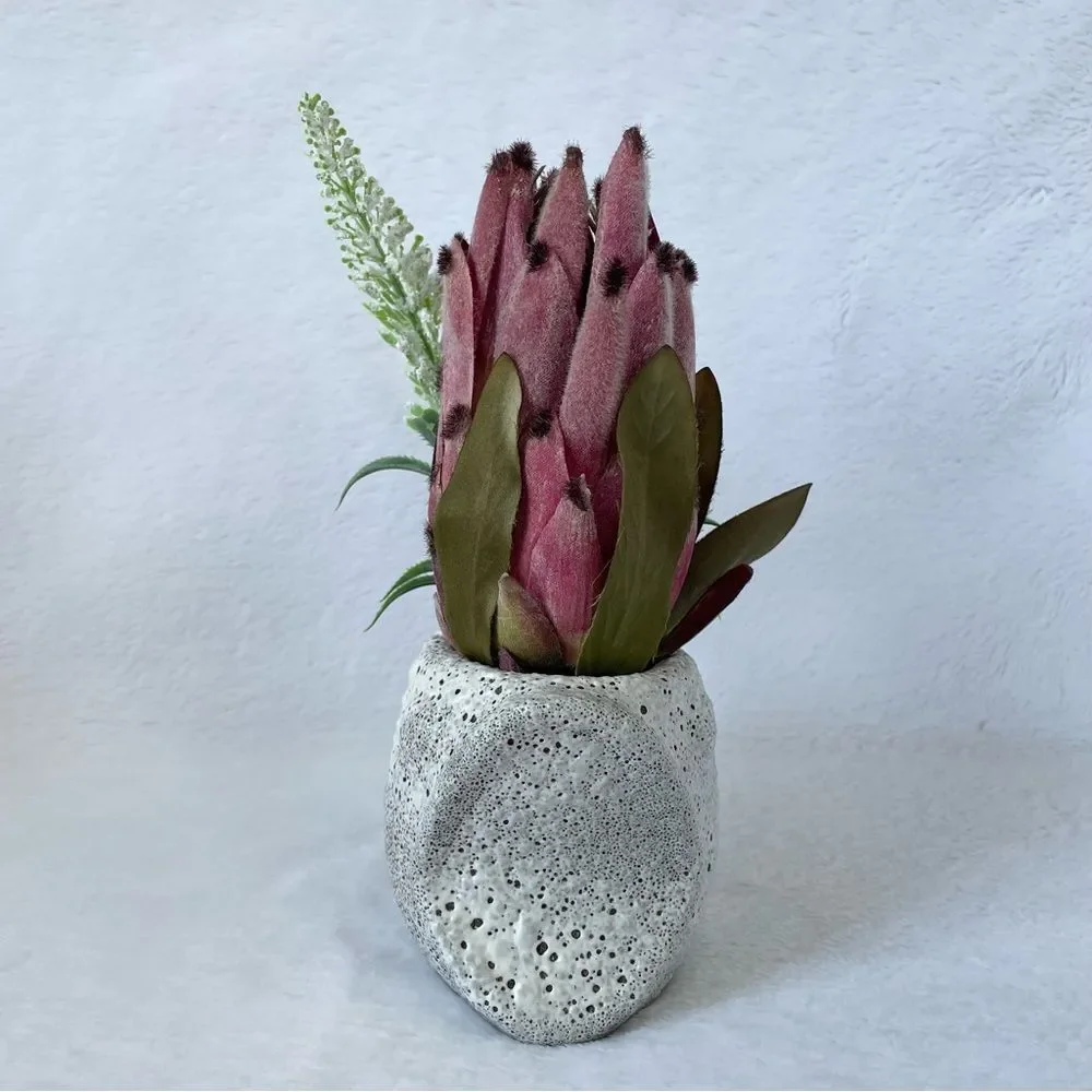 Handmade Faux Pink Protea Arrangement in Textured Fish Planter